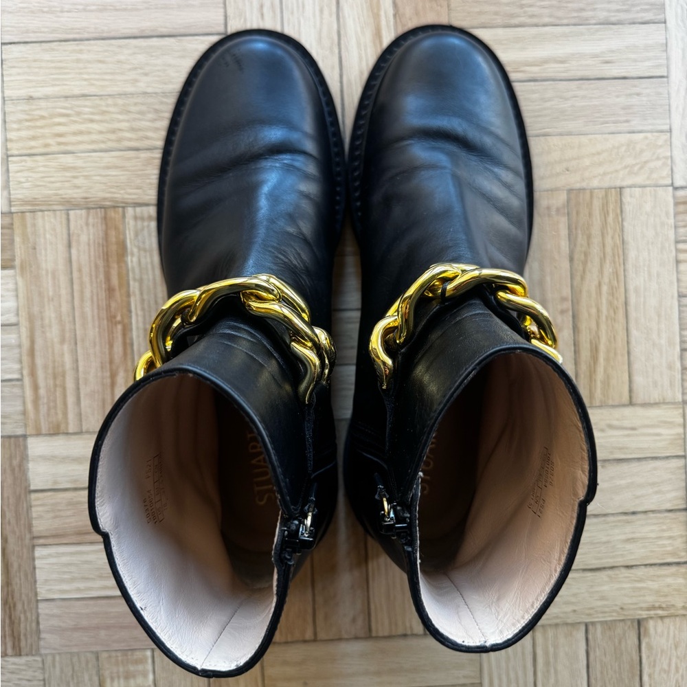 Stuart Weitzman Black Leather Gold Chain Boots Size 7 - Picture 4 of 13